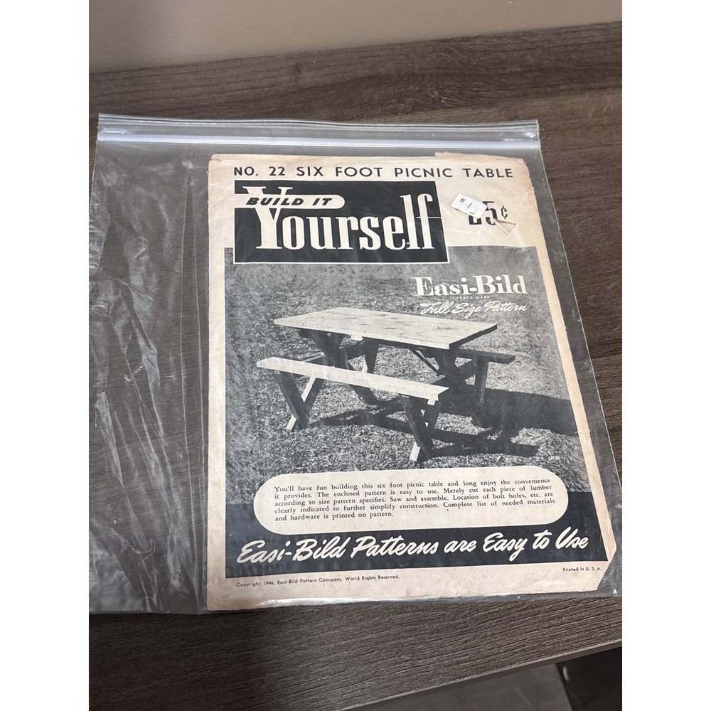 Vintage 1946 Easi-Bild No 22 Six Foot Picnic Table Woodworking Pattern DIY Guide